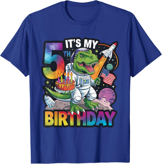 5th Birthday Dinosaur Astronaut T-Rex Space Kids Party T-Shirt - T-Shirt | Royal