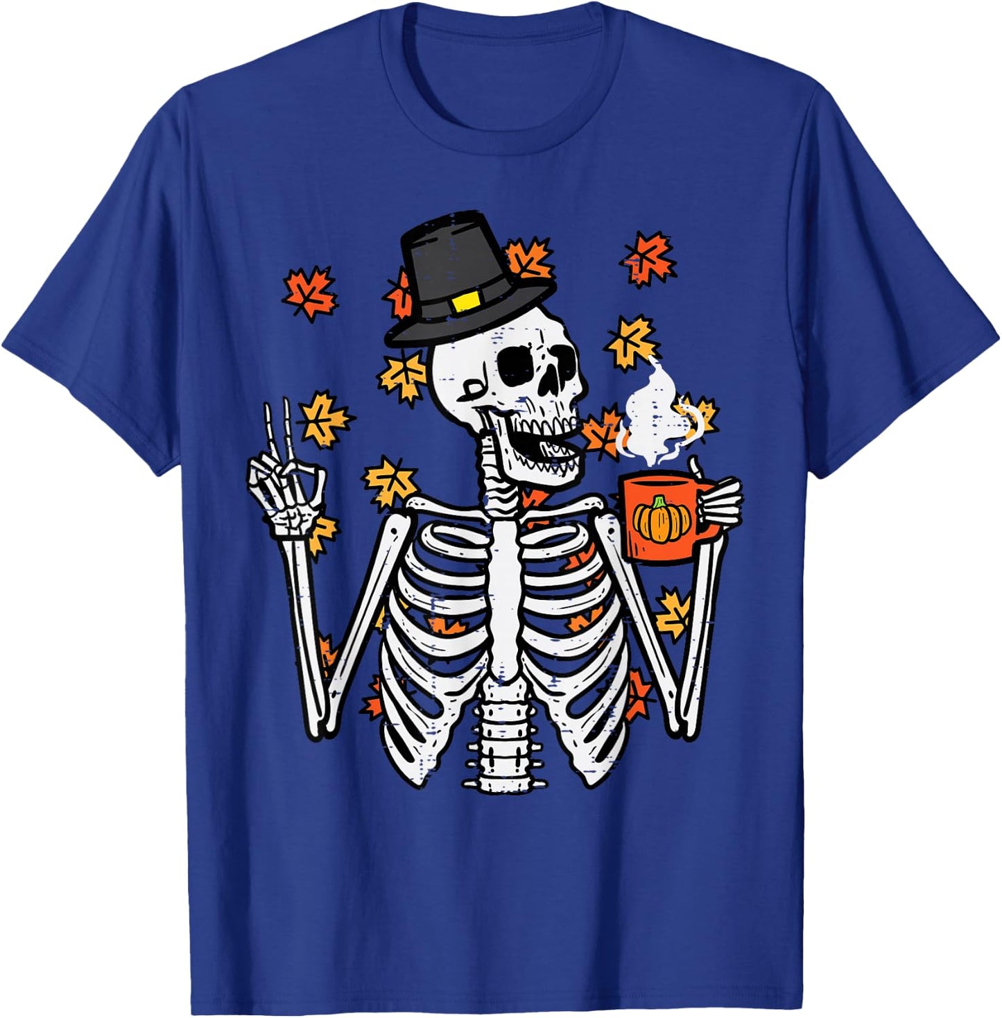 Thanksgiving Skeleton Peace Coffee Funny Fall Men Women Kids T-Shirt - T-Shirt | Royal