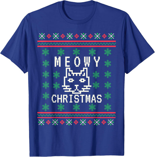 Funny Meowy Cat Christmas Ugly Sweater T-Shirt - T-Shirt | Royal