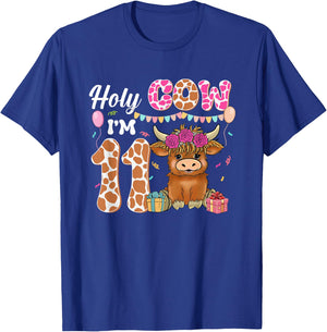 Holy Cow I'm 11 Highland Cow Farm 11th Birthday 11 Years Old T-Shirt - T-Shirt | Royal