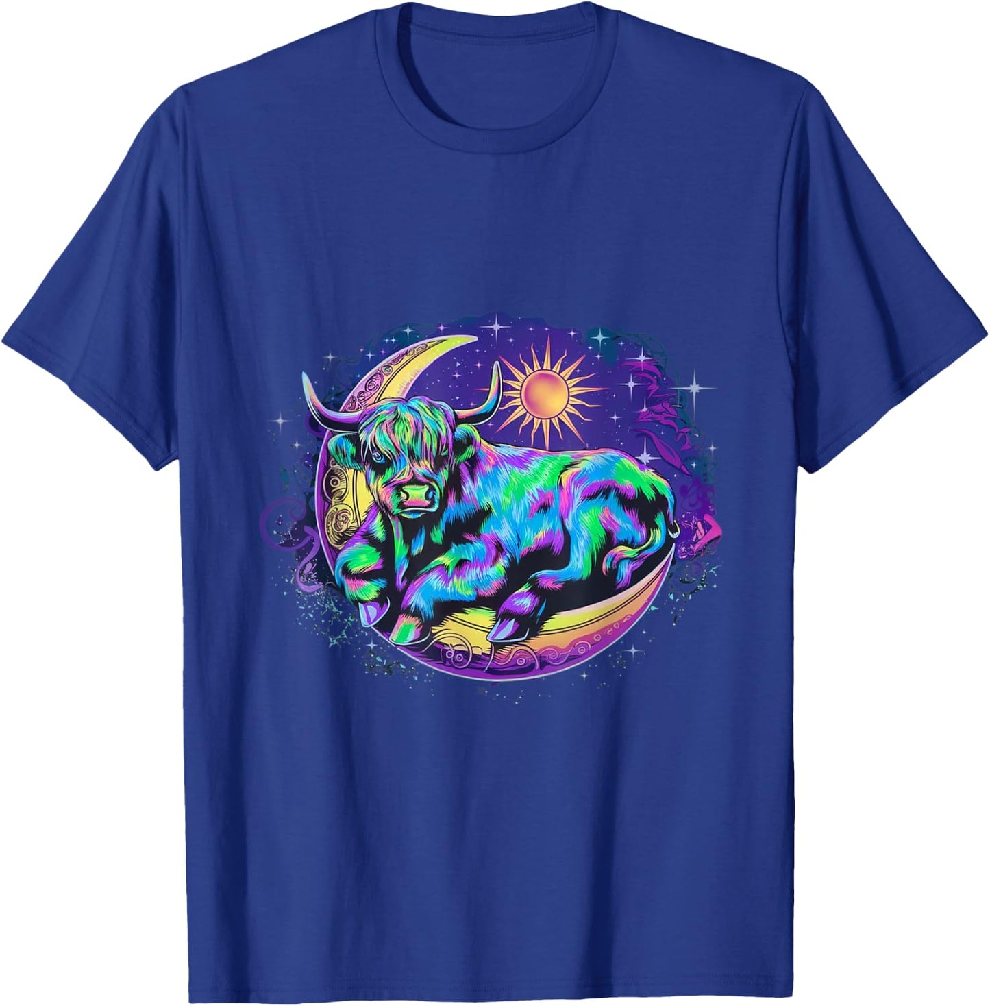 Dreamy Highland Cow Lounging on Crescent Moon Cow Over Moon T-Shirt - T-Shirt | Royal