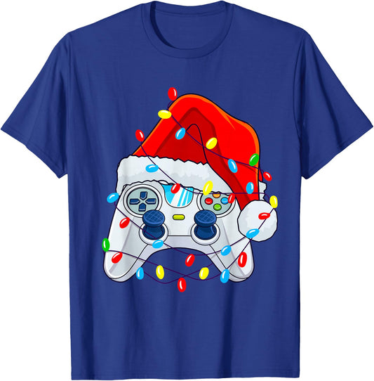 Video Game Controller Christmas Santa Hat Gamer Boys T-Shirt - T-Shirt | Royal