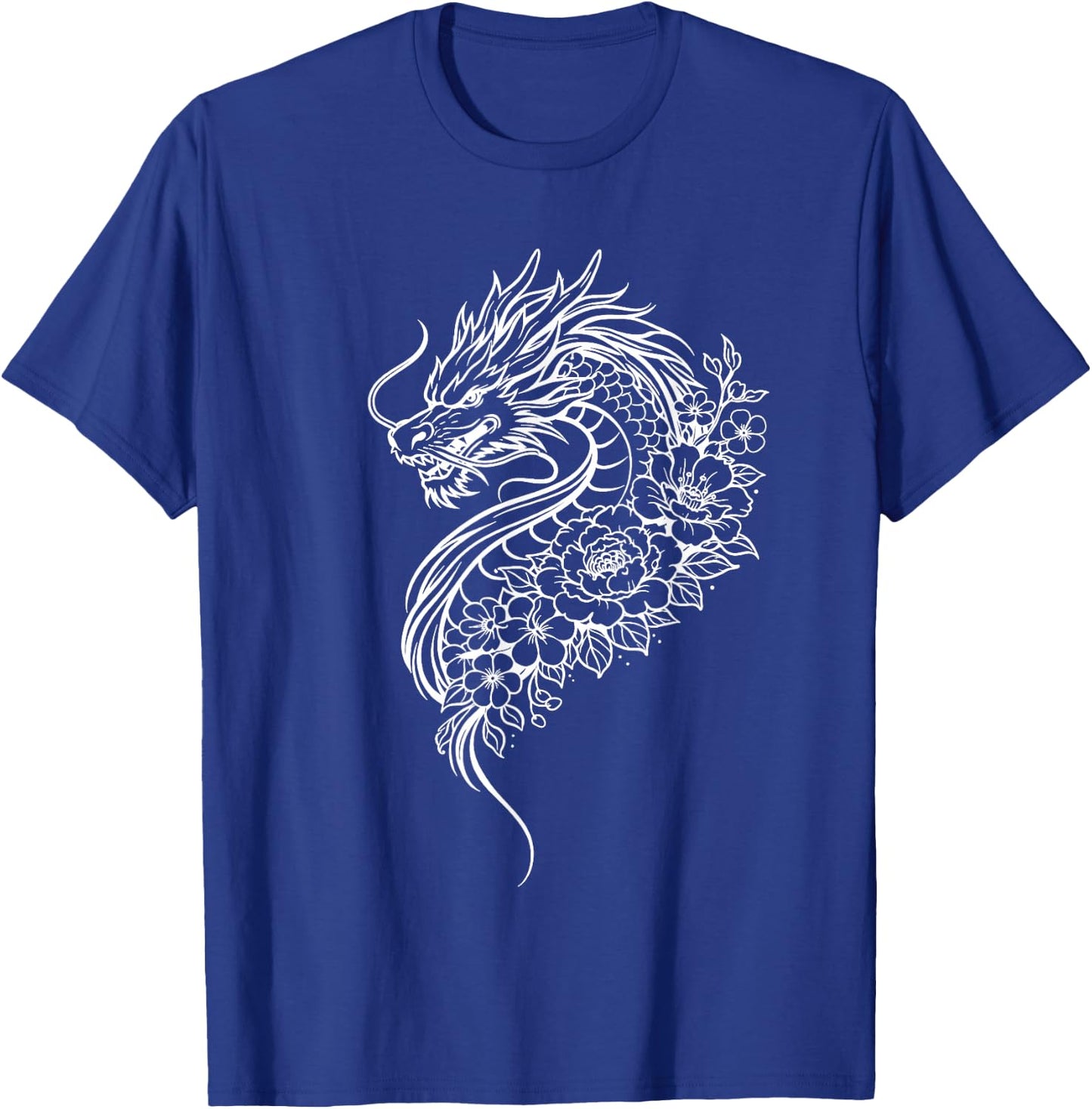 Dragon Flowers Line Art Minimalist White Splash T-Shirt - T-Shirt | Royal
