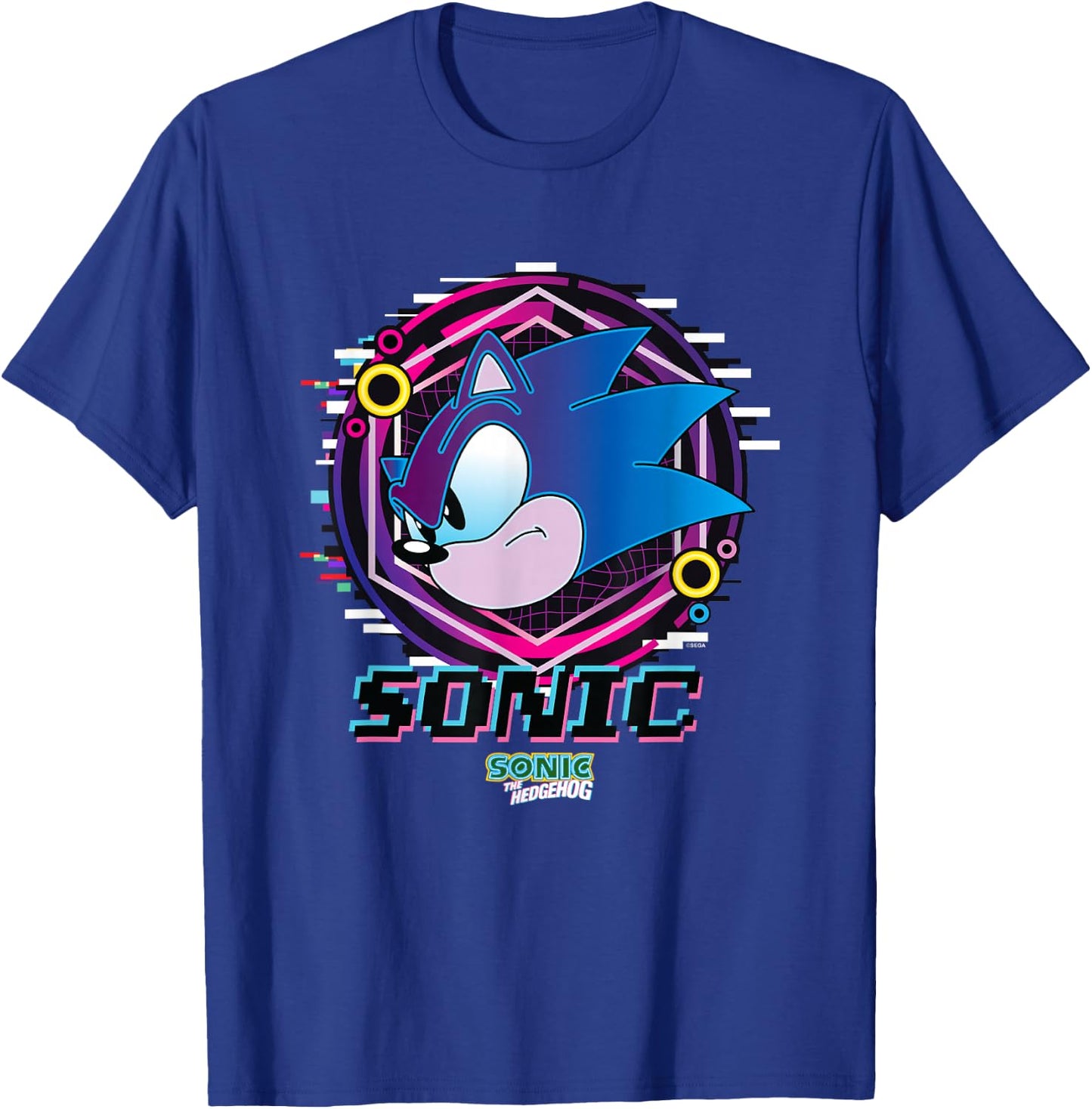 Sonic The Hedgehog Sonic Face Glitch Retro Neon Logo T-Shirt - T-Shirt | Royal