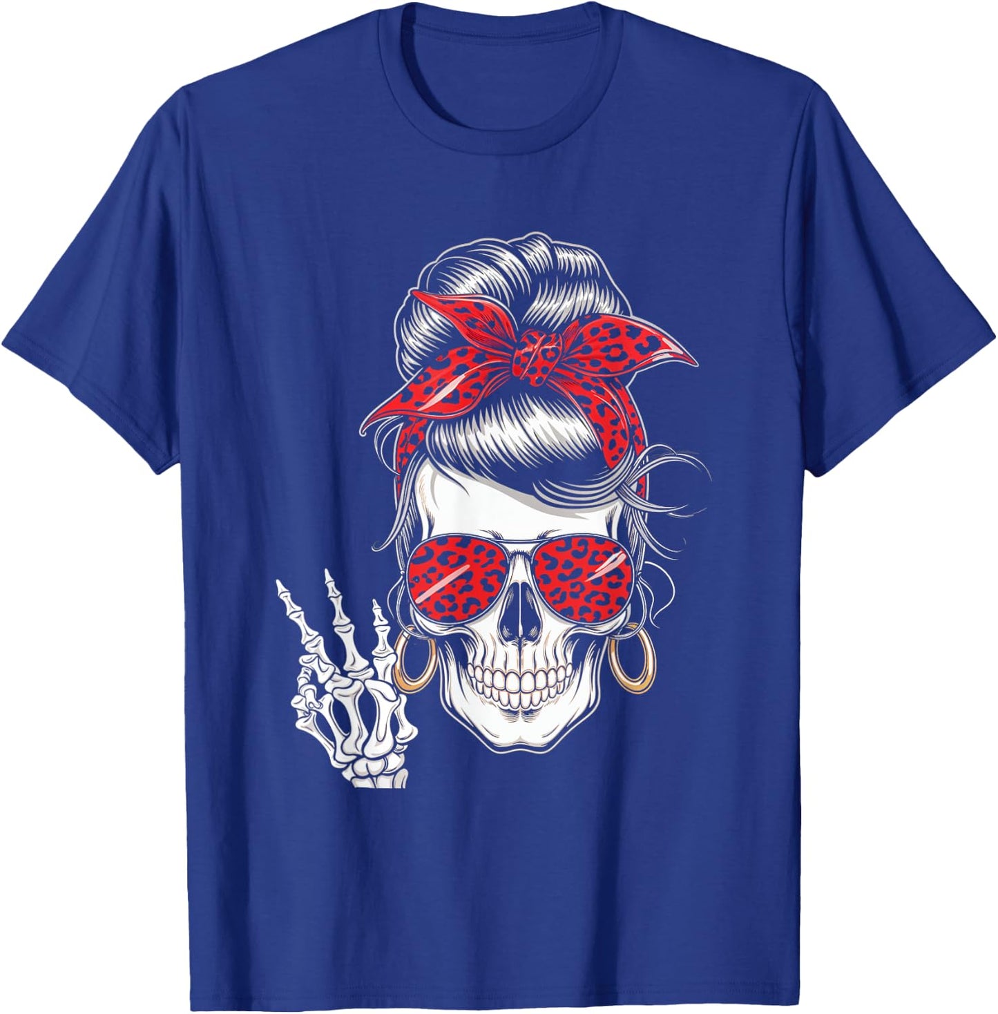 Messy Bun Skeleton Skull Leopard Bandana Fashion T-Shirt - T-Shirt | Royal