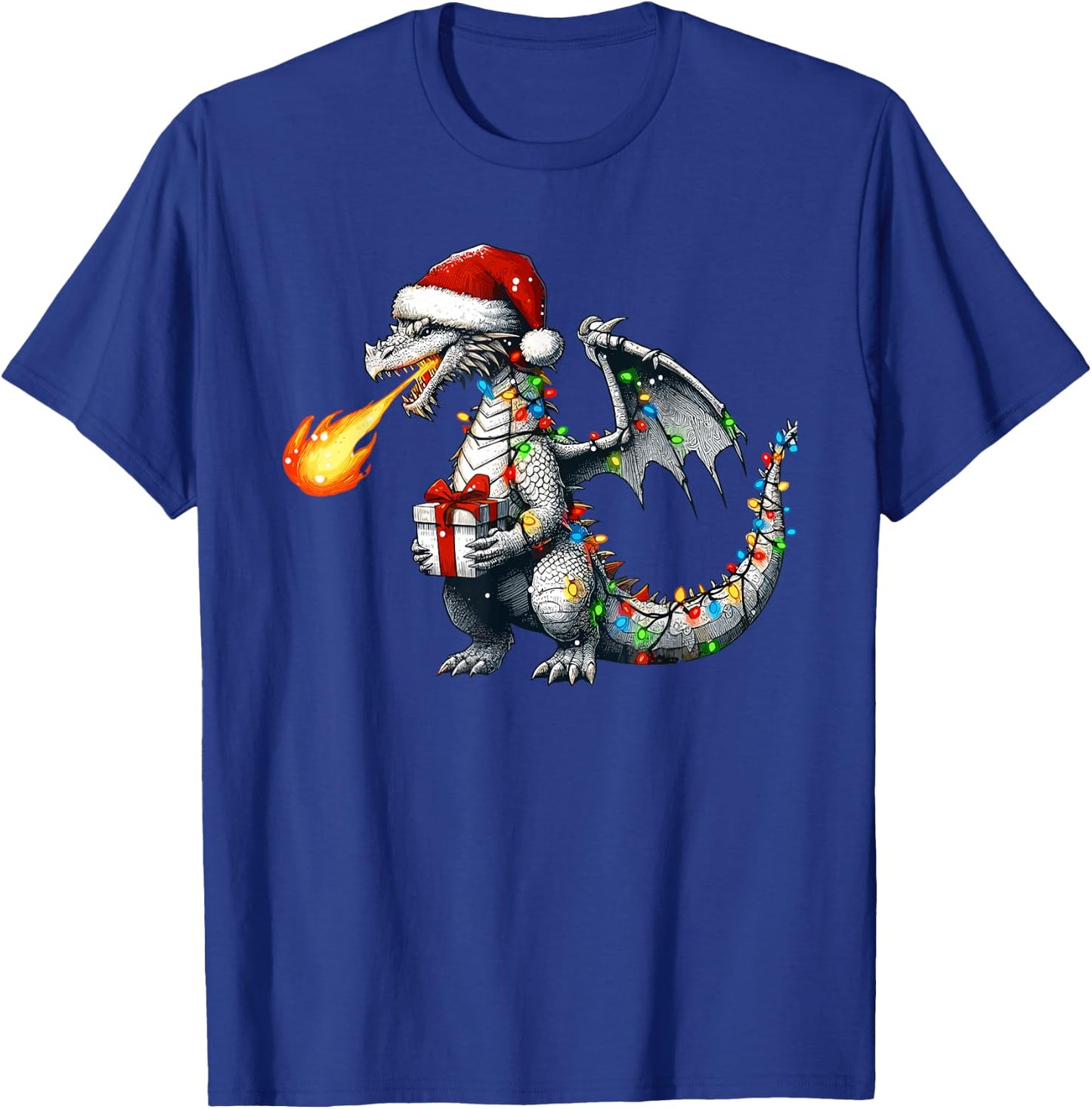 Dragon Wearing Santa Hat Holding A Present Box Xmas T-Shirt - T-Shirt | Royal