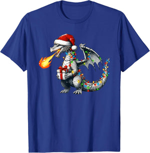Dragon Wearing Santa Hat Holding A Present Box Xmas T-Shirt - T-Shirt | Royal