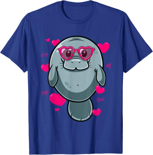 Cute Manatee Gift Girls Heart Glasses Manatee Valentine T-Shirt - T-Shirt | Royal