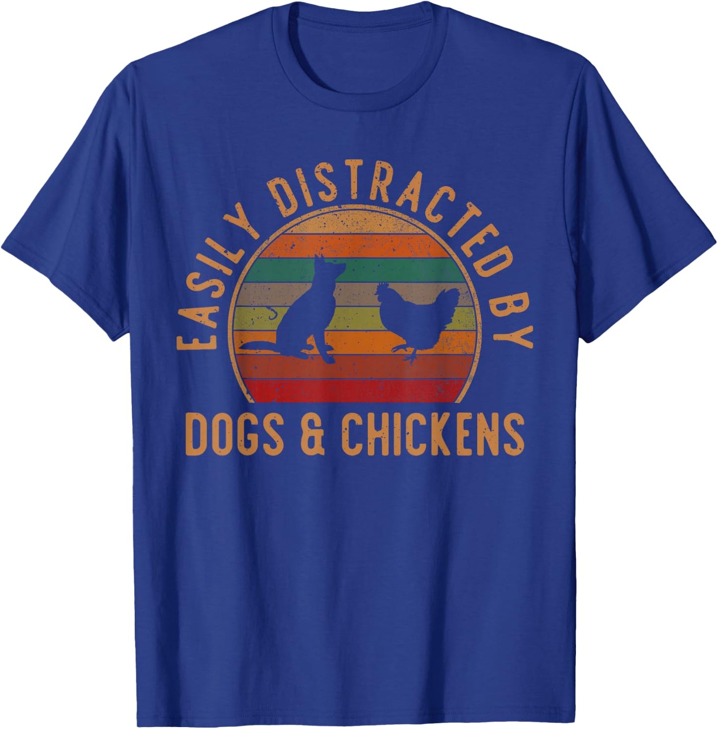 Easily Distracted By Dogs And Chickens Retro Vintage Funny T-Shirt - T-Shirt | Royal