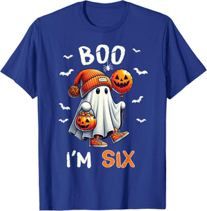 Boo I'm Six Ghost 6th Birthday Halloween Boy Kids Groovy T-Shirt - T-Shirt | Royal