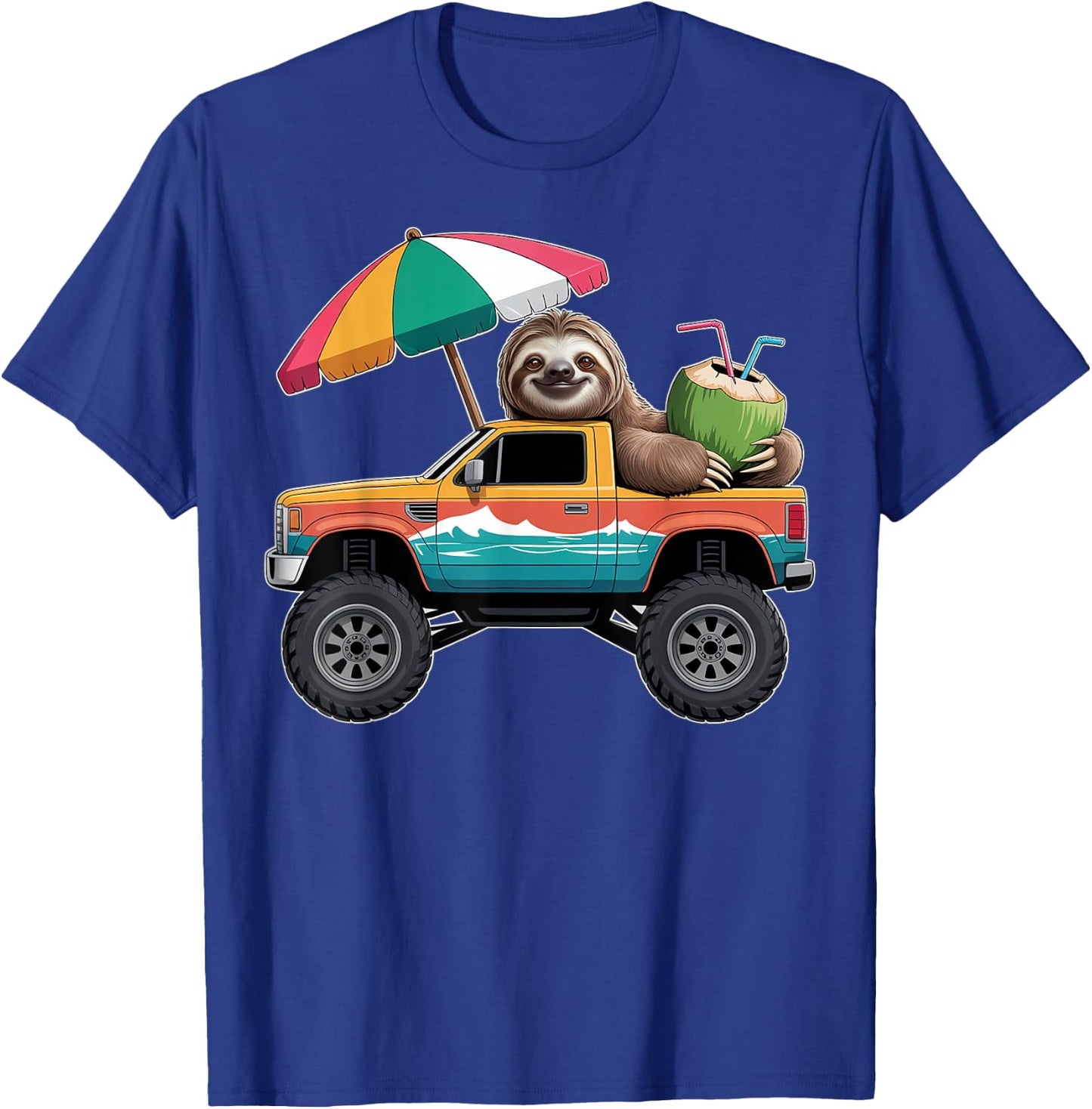 Cute Sloth Monster Truck with Coconut T-Shirt - T-Shirt | Royal