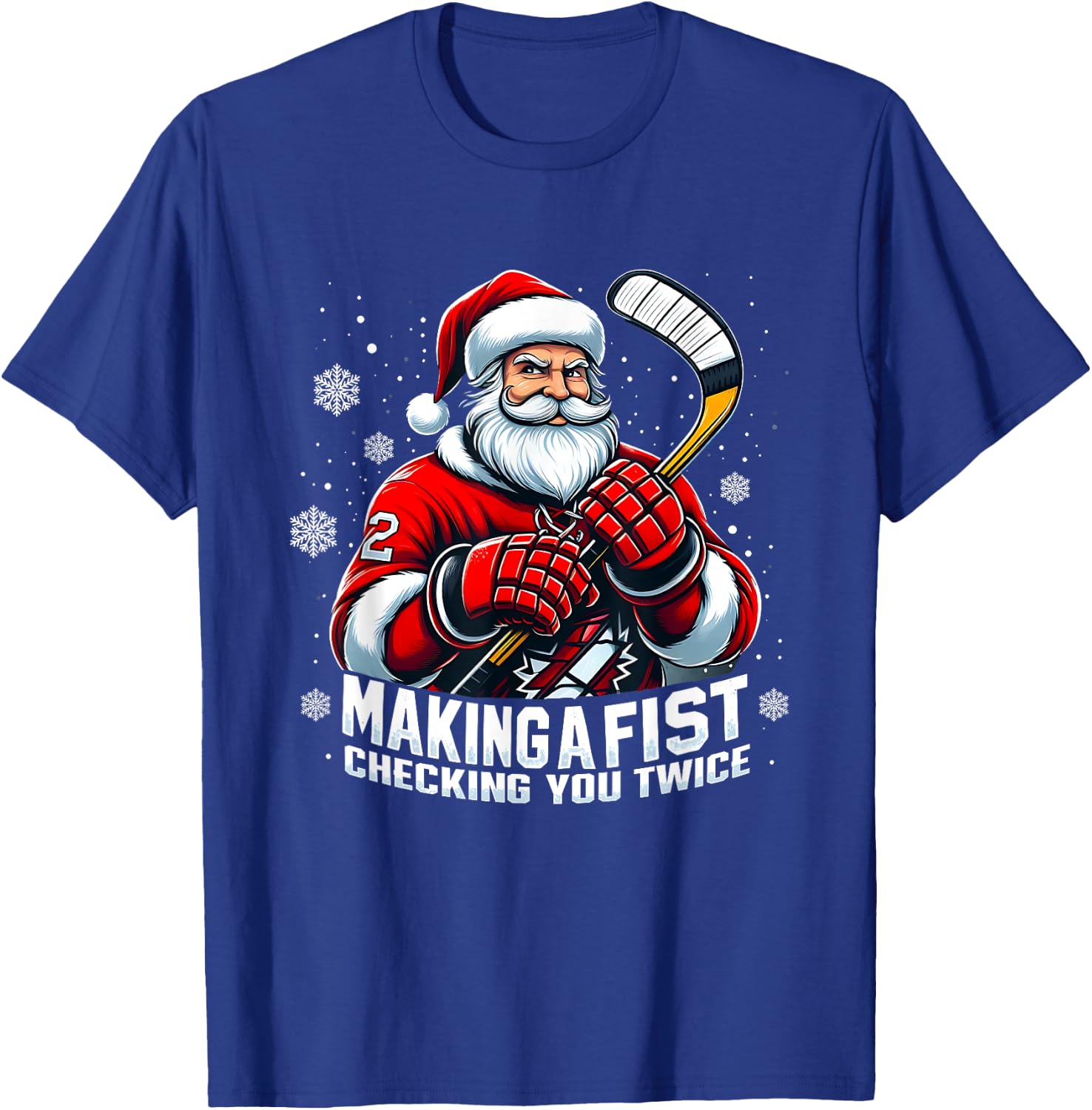 Xmas Santa Hockey Players Making A Fist Checking Your Twice T-Shirt - T-Shirt | Royal
