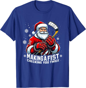 Xmas Santa Hockey Players Making A Fist Checking Your Twice T-Shirt - T-Shirt | Royal