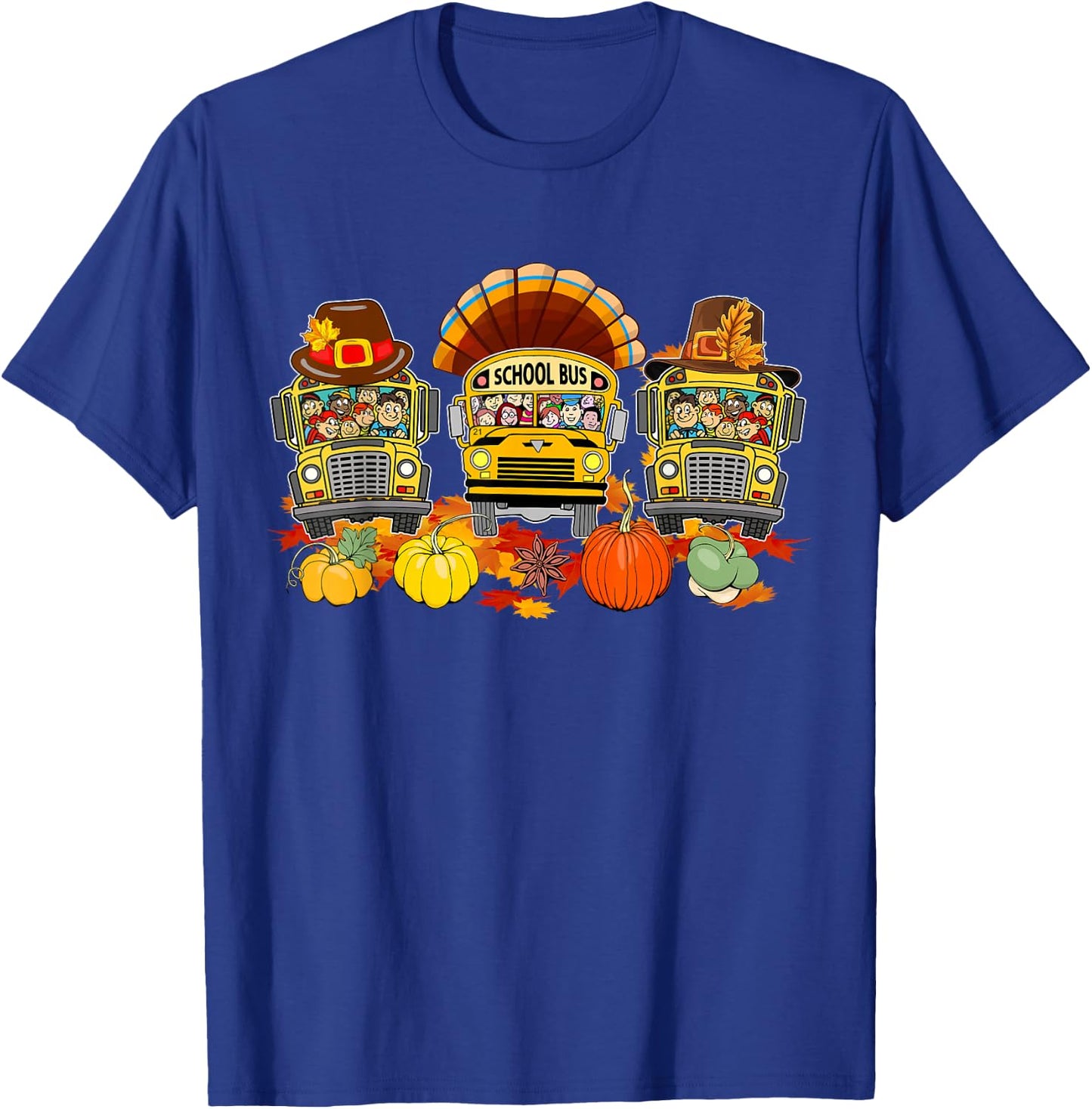 Thanksgiving Three Cute School Buses As Turkey Autumn Driver T-Shirt - T-Shirt | Royal