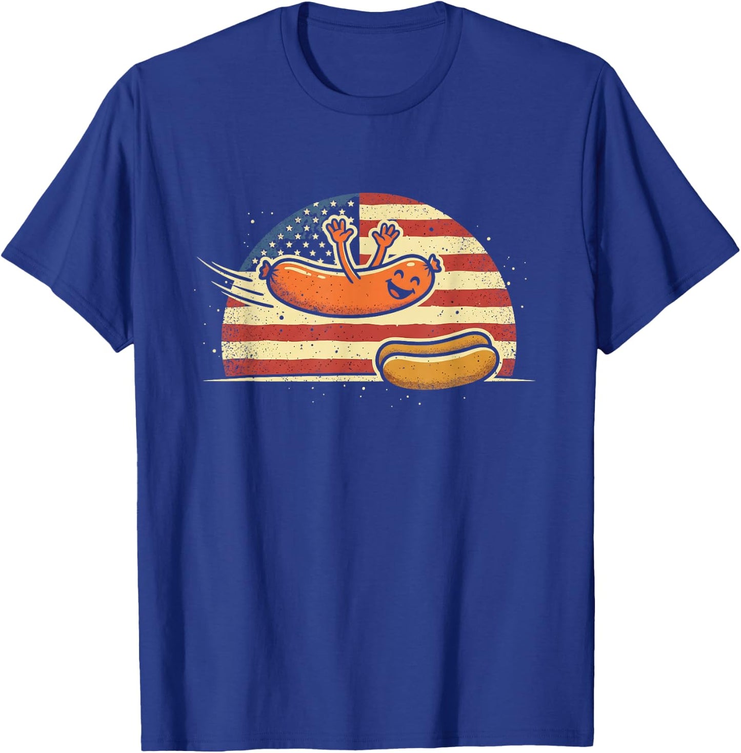 Hot Dog Jumping Into Bun Funny Sausage BBQ High Dive T-Shirt - T-Shirt | Royal