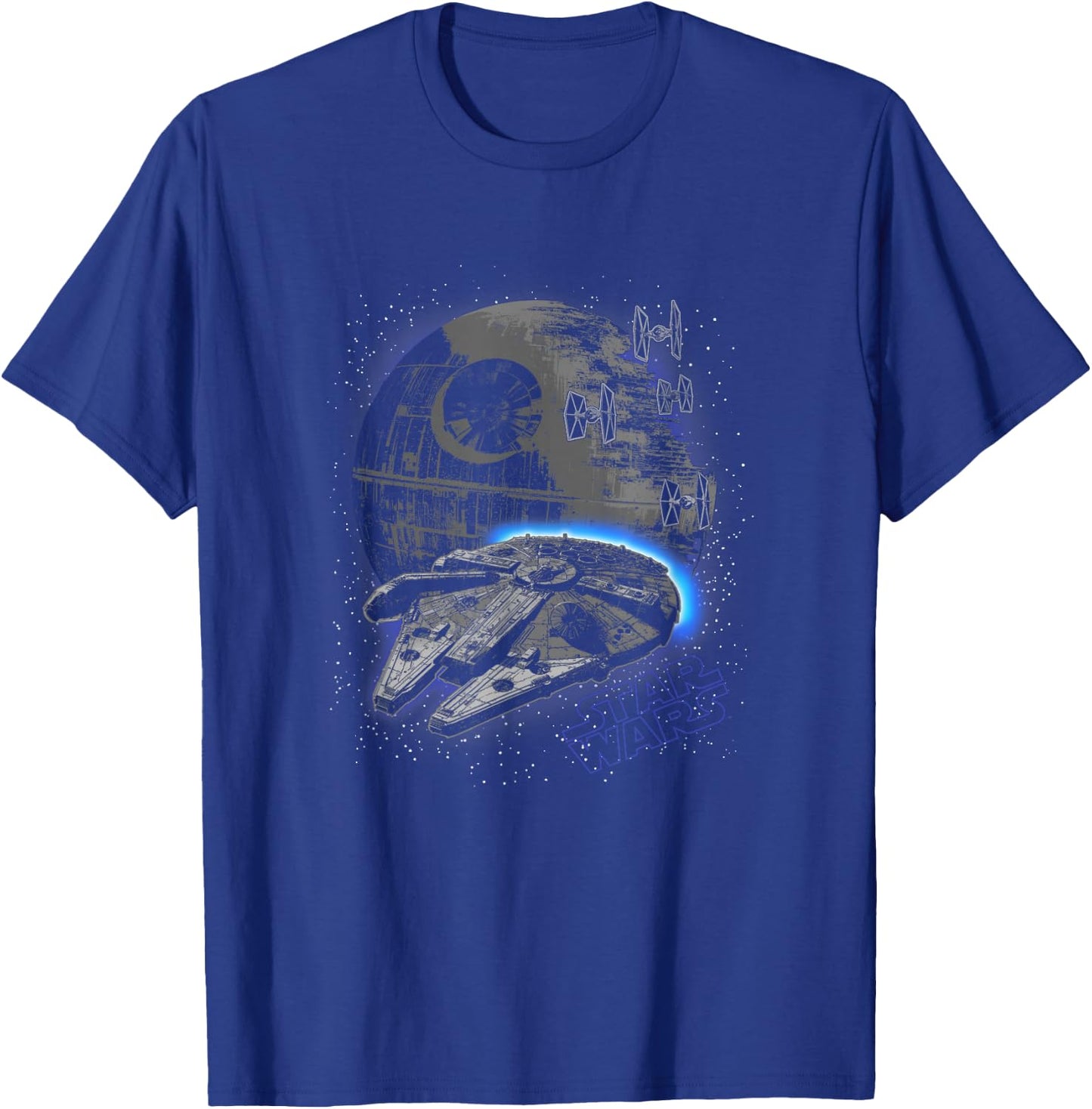Star Wars Classic Millennium Falcon Flying Over Death Star T-Shirt - T-Shirt | Royal