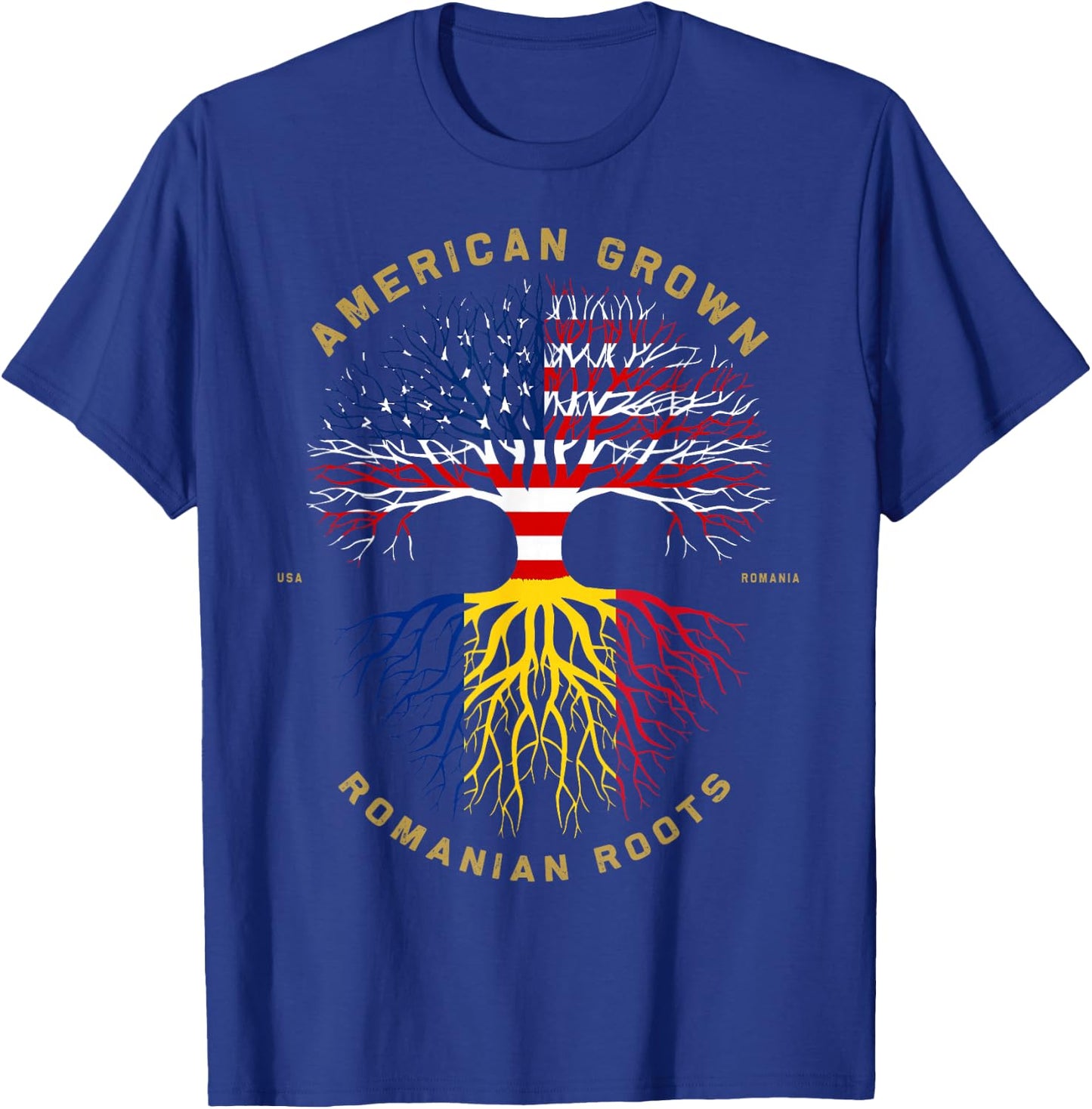 American Grown with Romanian Roots Tree USA Flag Gift T-Shirt - T-Shirt | Royal