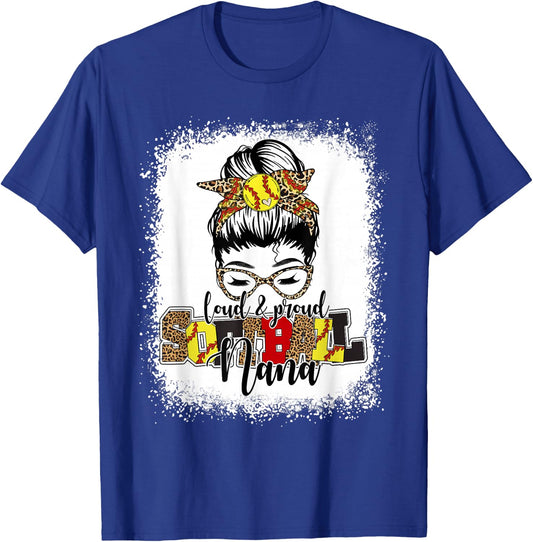 Bleached Softball Nana Leopard Messy Bun Funny Mothers Day T-Shirt - T-Shirt | Royal