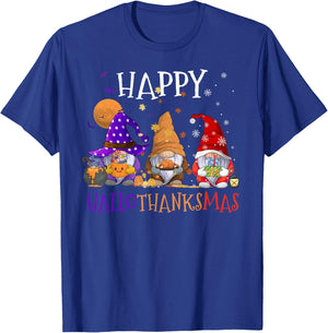Gnomes Happy Hallothanksmas Halloween Thanksgiving Christmas T-Shirt - T-Shirt | Royal