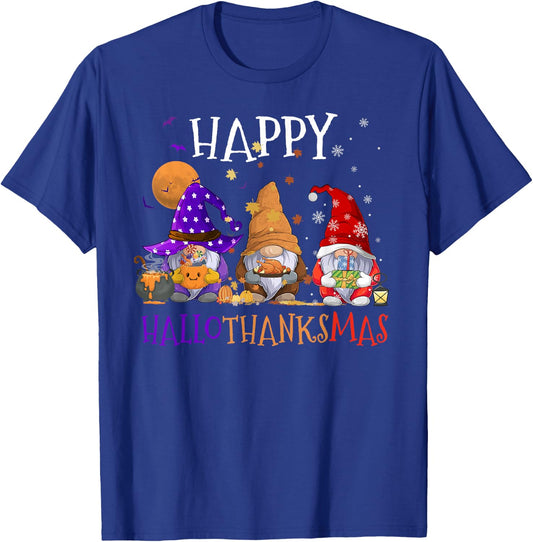 Gnomes Happy Hallothanksmas Halloween Thanksgiving Christmas T-Shirt - T-Shirt | Royal