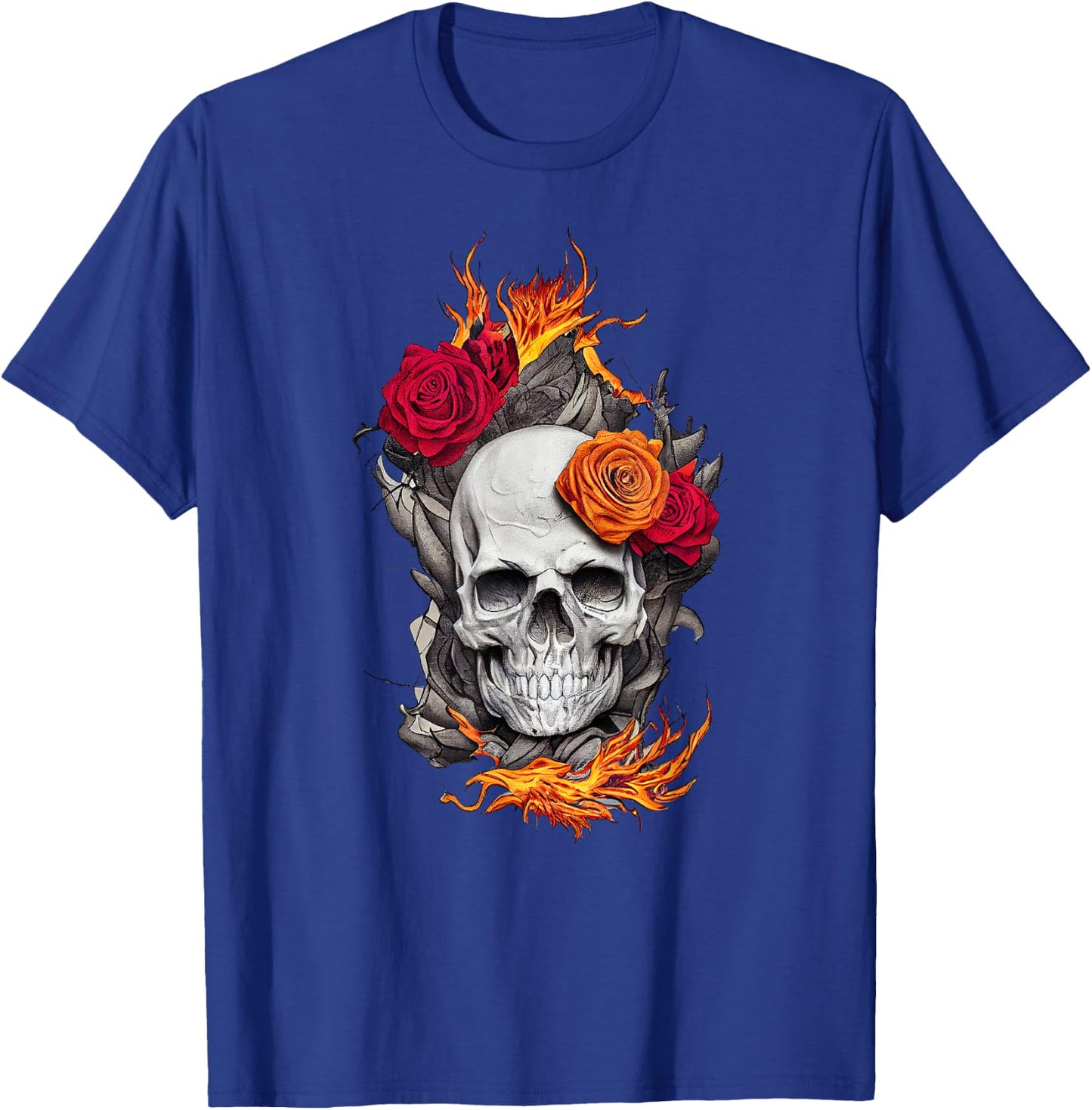 Flaming Skull and Roses T-Shirt - T-Shirt | Royal