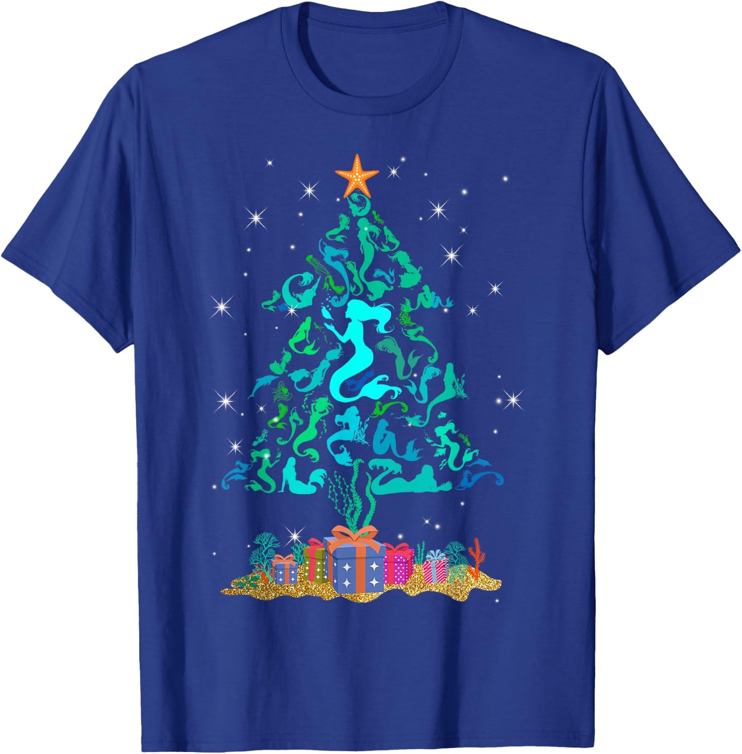 Retro Mermaid Christmas Tree Funny Mermaid Xmas T-Shirt - T-Shirt | Royal