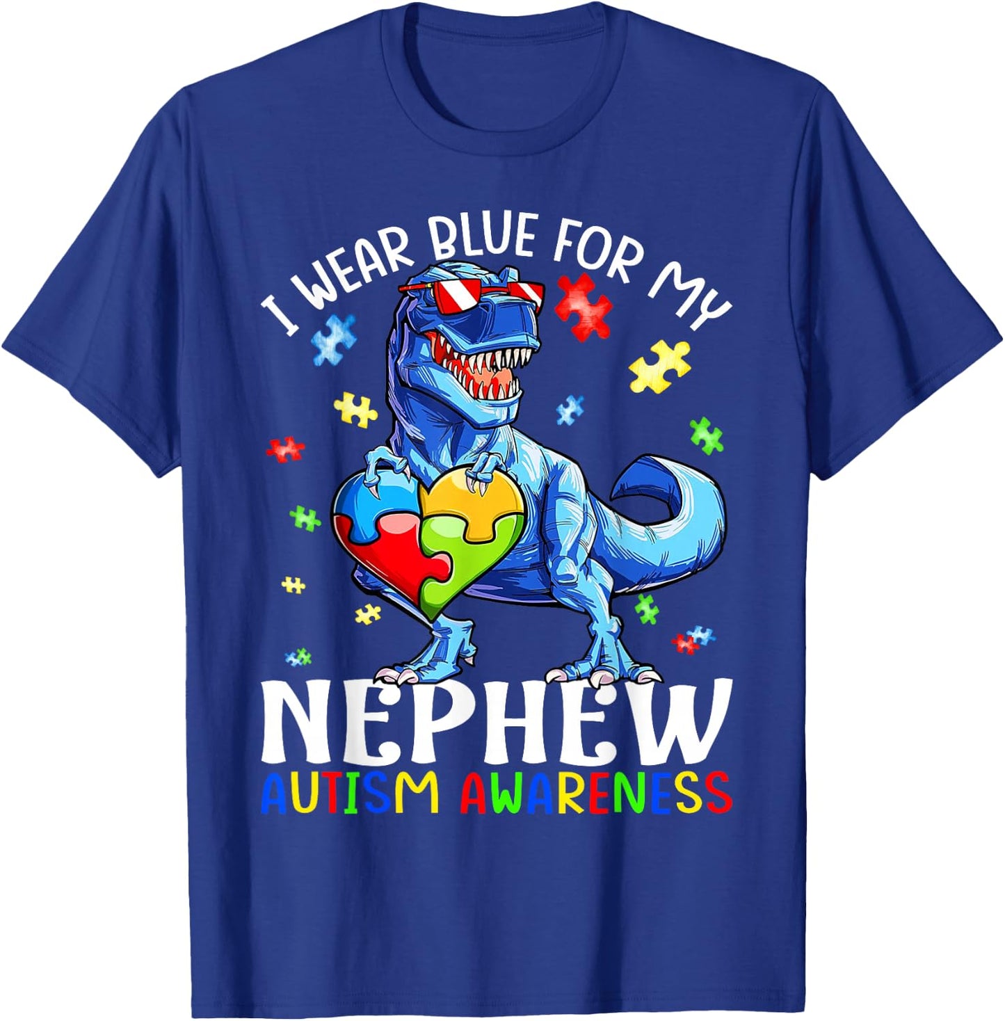 I Wear Blue For My Nephew Autism Awareness Dinosaur T Rex T-Shirt - T-Shirt | Royal