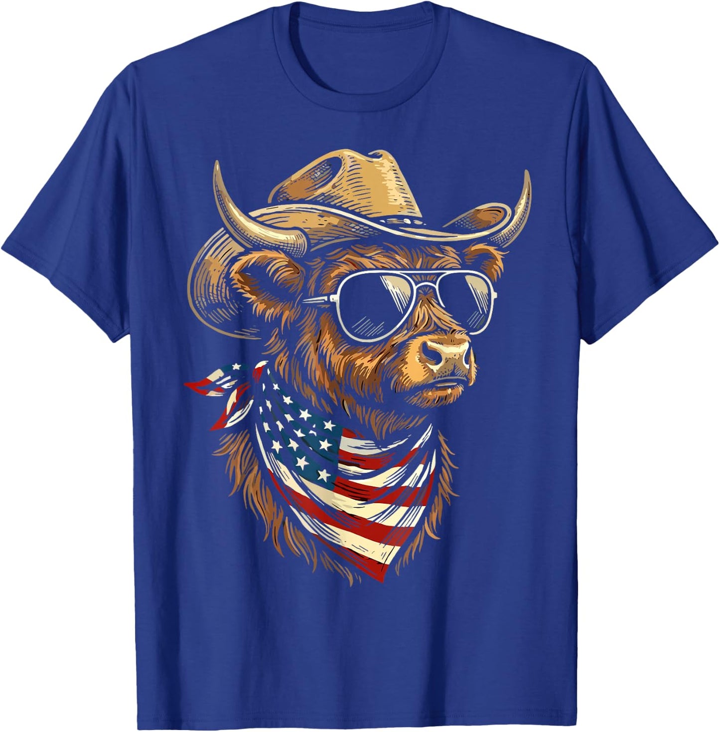 USA Patriotic Cowboy Highland Cow Western 4th of July T-Shirt - T-Shirt | Royal