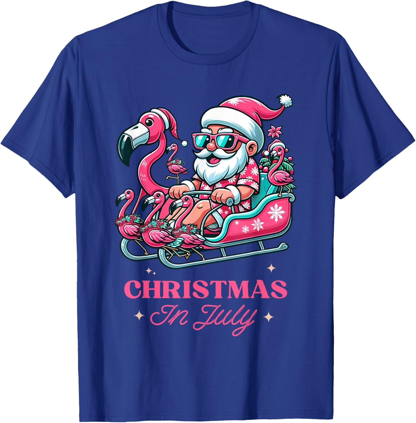 Funny Christmas in July Summer Santa Flamingo Sleigh Xmas T-Shirt - T-Shirt | Royal