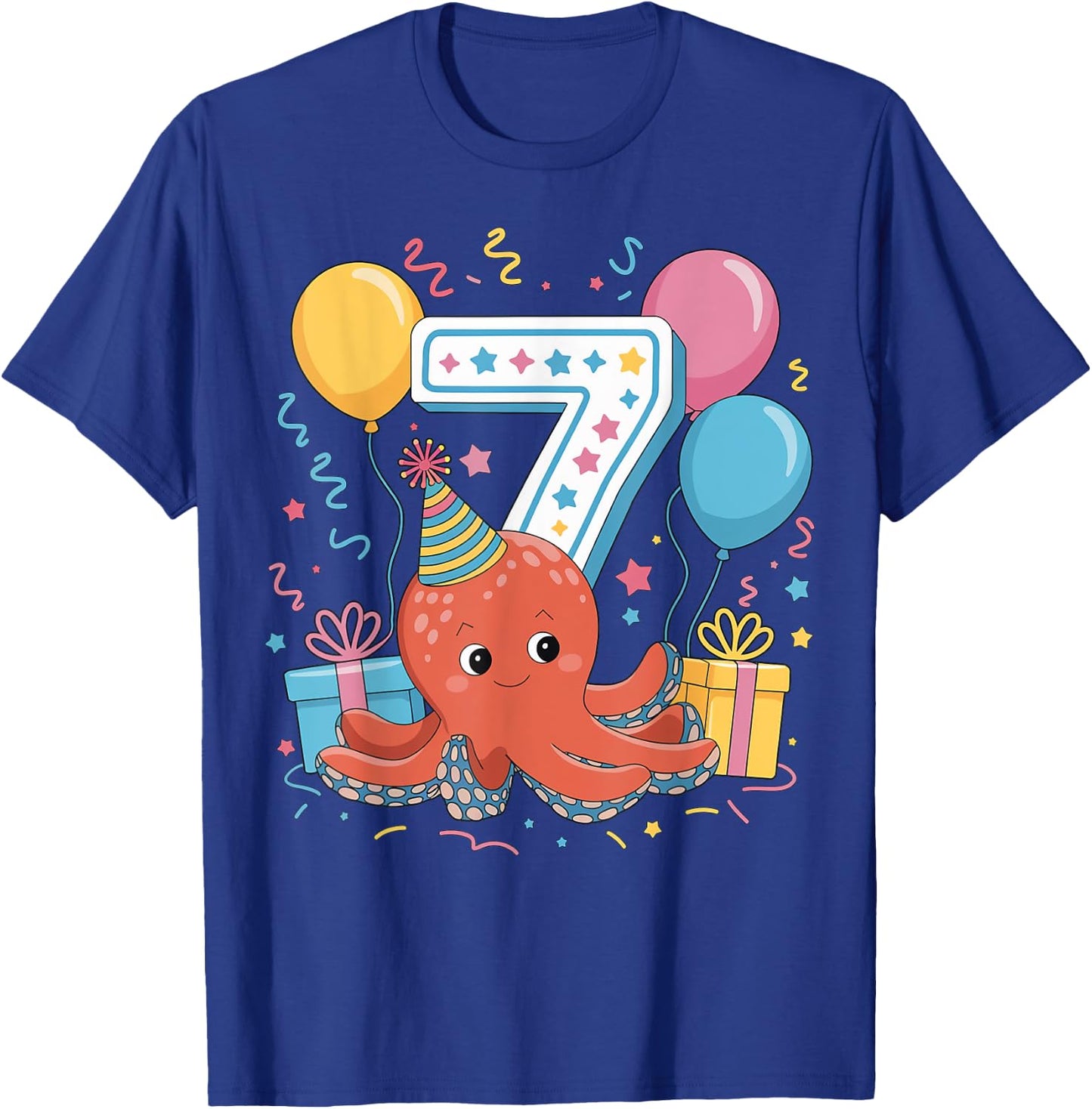 Octopus 7th birthday boy girl 7 years old seventh Octopus T-Shirt - T-Shirt | Royal
