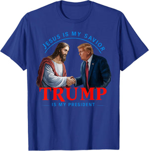 American Flag Jesus Is My Savior Trump Is My President , Black, S T-Shirt - T-Shirt | Royal