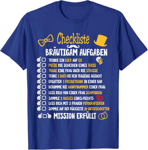 Junggesellenabschied Mann Kostüm & Polter Shirts Groom Tasks Rumbling JGA Checklist Black Small Short Sleeve Classic Fit T-Shirt - T-Shirt | Royal