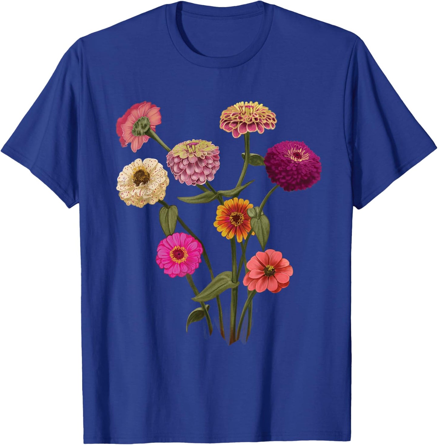 Happy Zinnia Wildflowers, Handpainted Style Graphic T-Shirt - T-Shirt | Royal