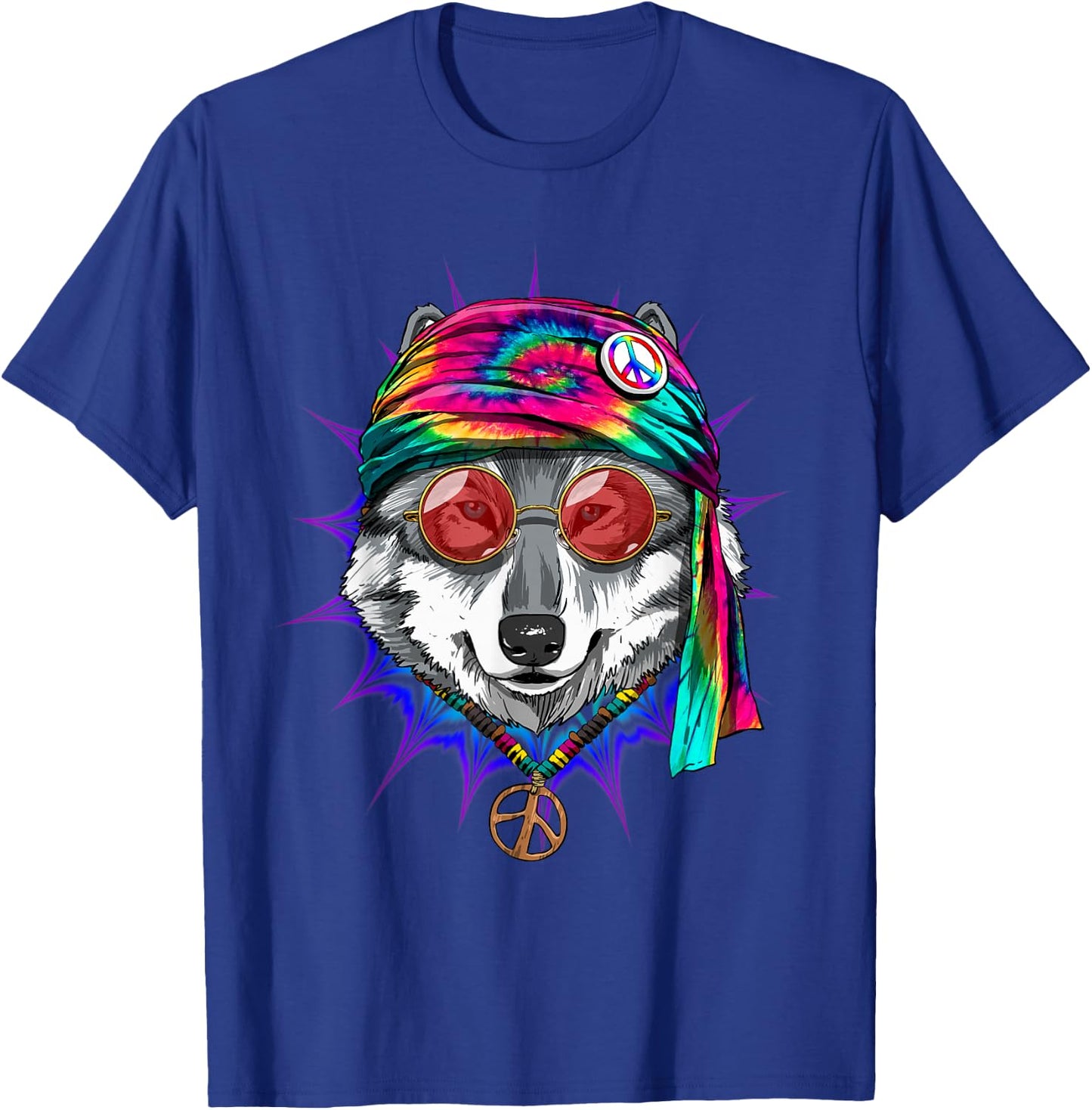 Tie Dye Hippie Wolf Hippiness Peace Love Wolf T-Shirt - T-Shirt | Royal