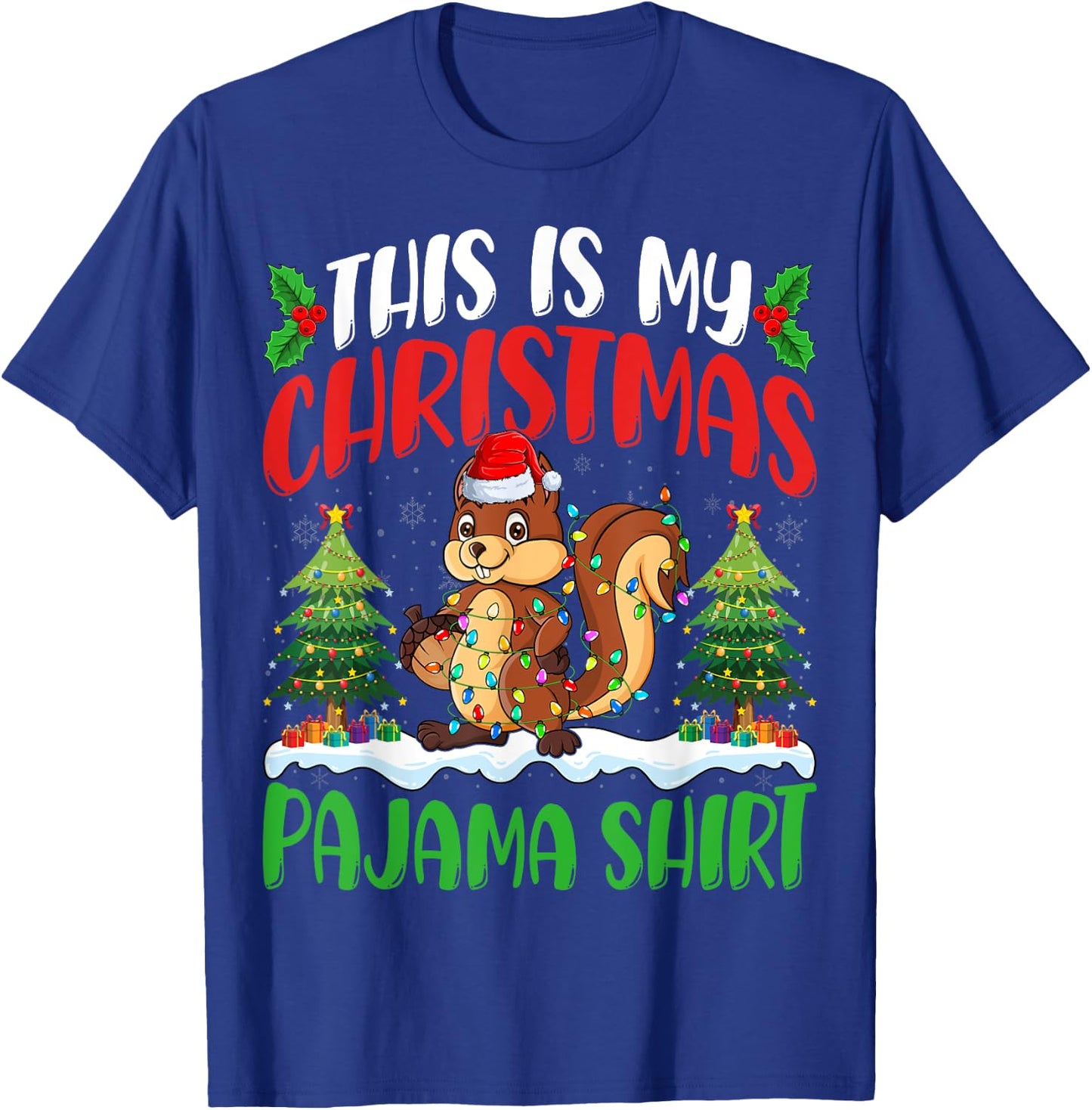 Squirrel Christmas Pajama Shirt Squirrel Xmas Lights Tree T-Shirt - T-Shirt | Royal
