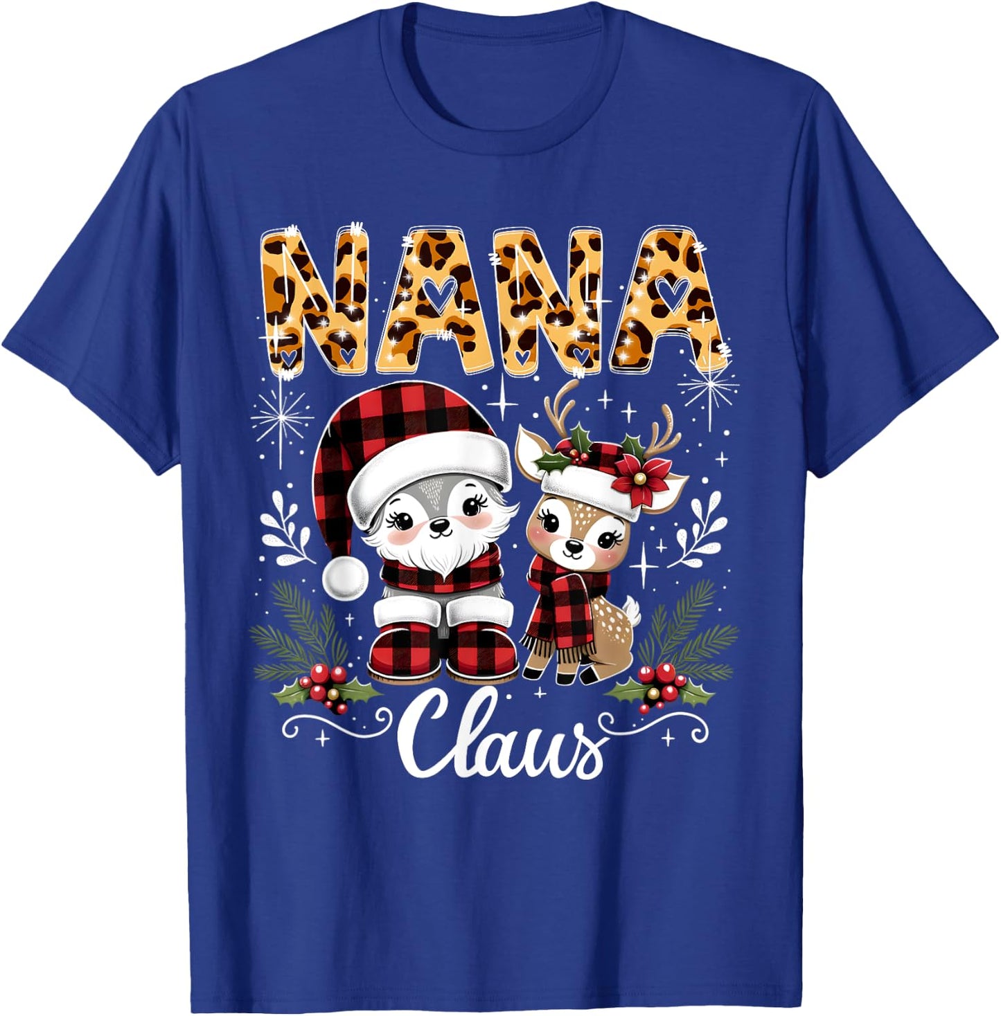 Christmas Nana Claus Grandma Leopard Buffalo Plaid Pjs Xmas T-Shirt - T-Shirt | Royal