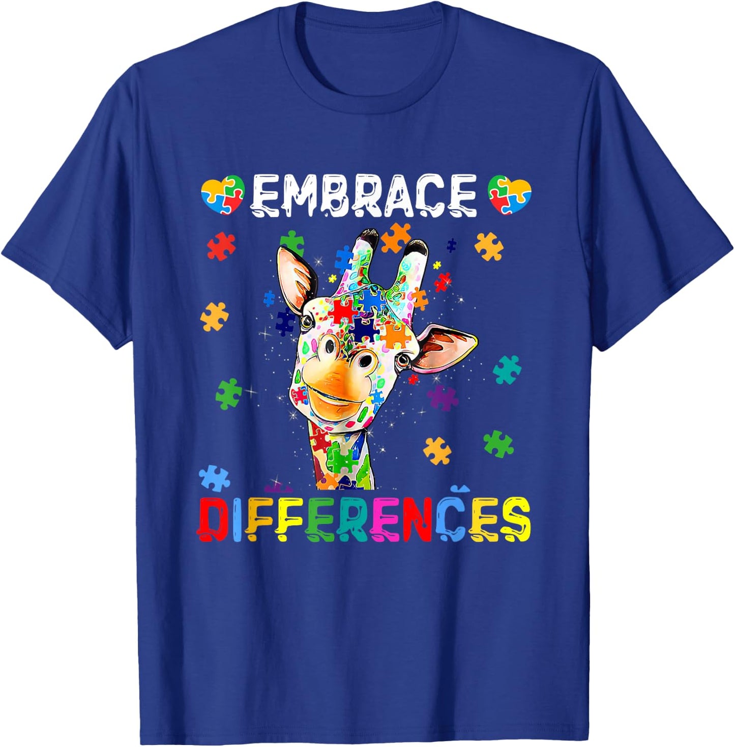 Giraffe Embrace Differences Puzzle Pieces Autism Awareness T-Shirt - T-Shirt | Royal