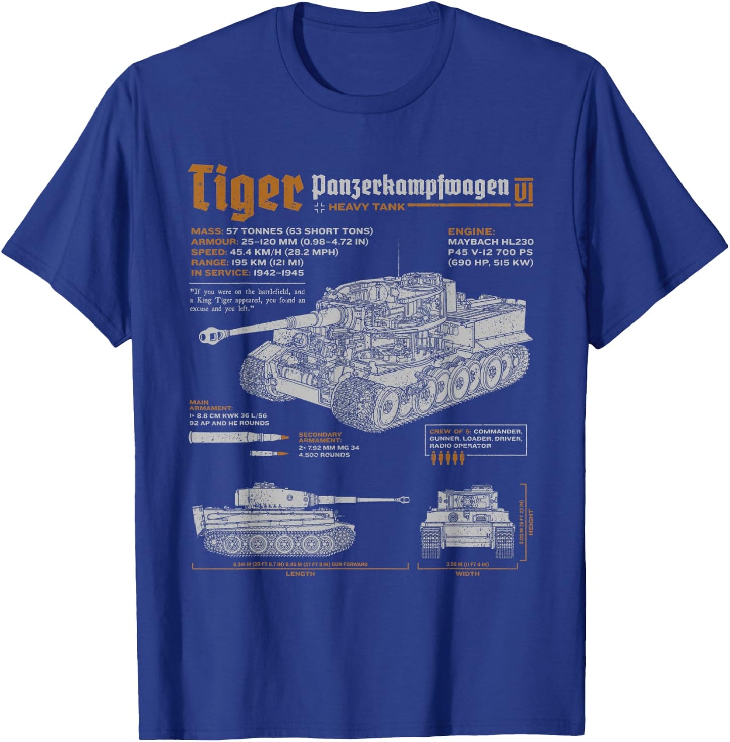 Tiger Tank Panzer PzKpfw VI World War 2 Blueprint T-Shirt - T-Shirt | Royal