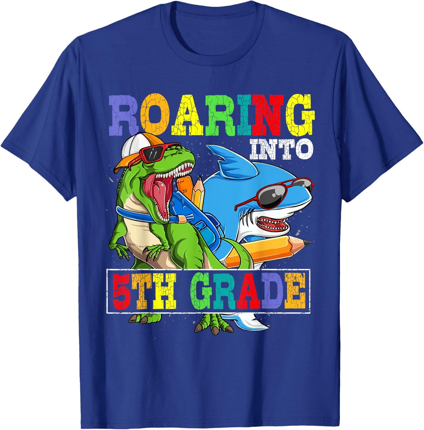 Roaring 5th Grade Dinosaur Shark Back to School Boys Kids T-Shirt - T-Shirt | Royal