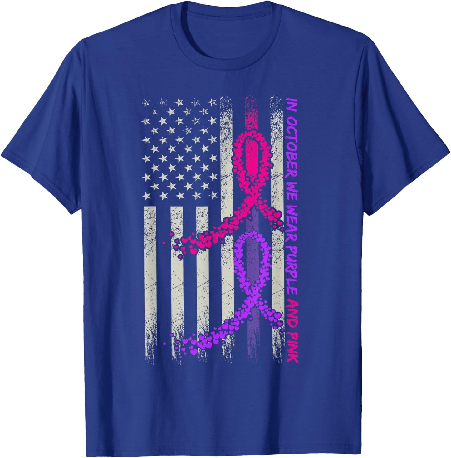American Flag Breast Cancer and Domestic Violence Awareness T-Shirt - T-Shirt | Royal