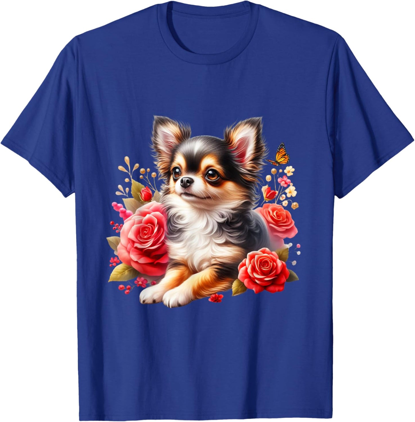 Chihuahua Floral Watercolor Long Hair Chihuahua , Black, S T-Shirt - T-Shirt | Royal