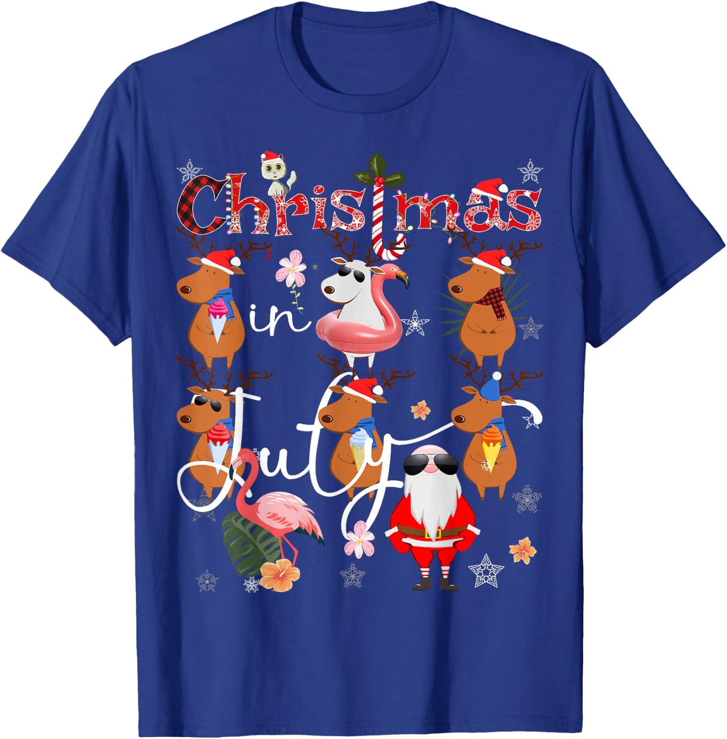 Christmas in July Funny Santa Reindeer Flamingos Summer T-Shirt - T-Shirt | Royal