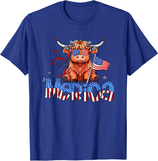 Retro Merica 4th Of July Highland Cow Women Men T-Shirt - T-Shirt | Royal