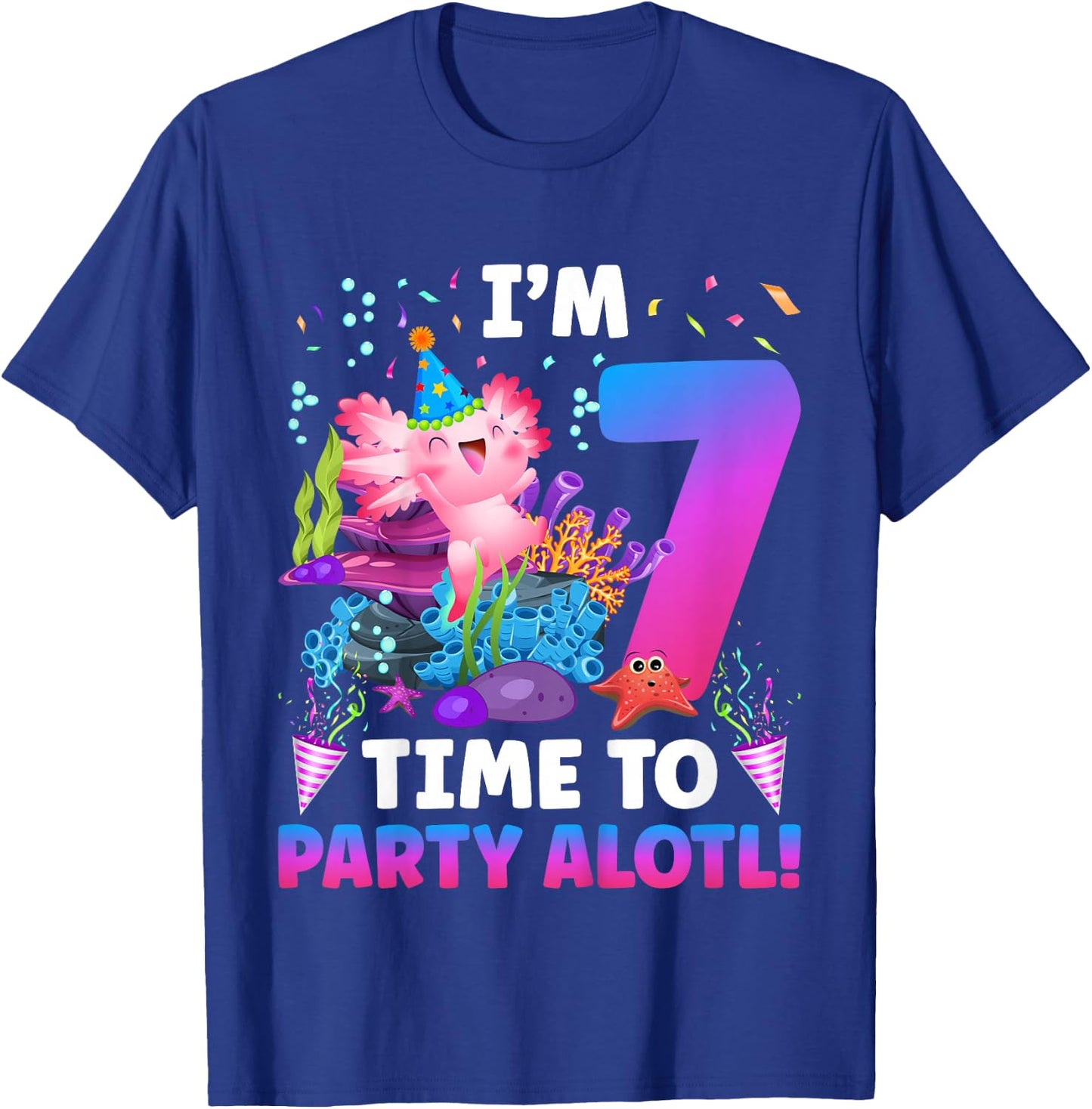 Kids 7th Axolotl Birthday Seven Year Old Axolotl Birthday Party T-Shirt - T-Shirt | Royal