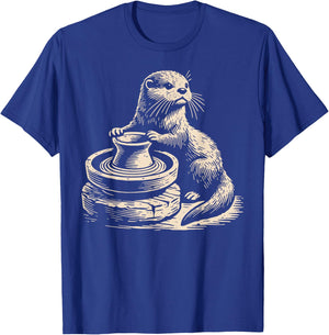 Retro Cute Otter At Pottery Wheel Throwing Ceramic Artist T-Shirt - T-Shirt | Royal