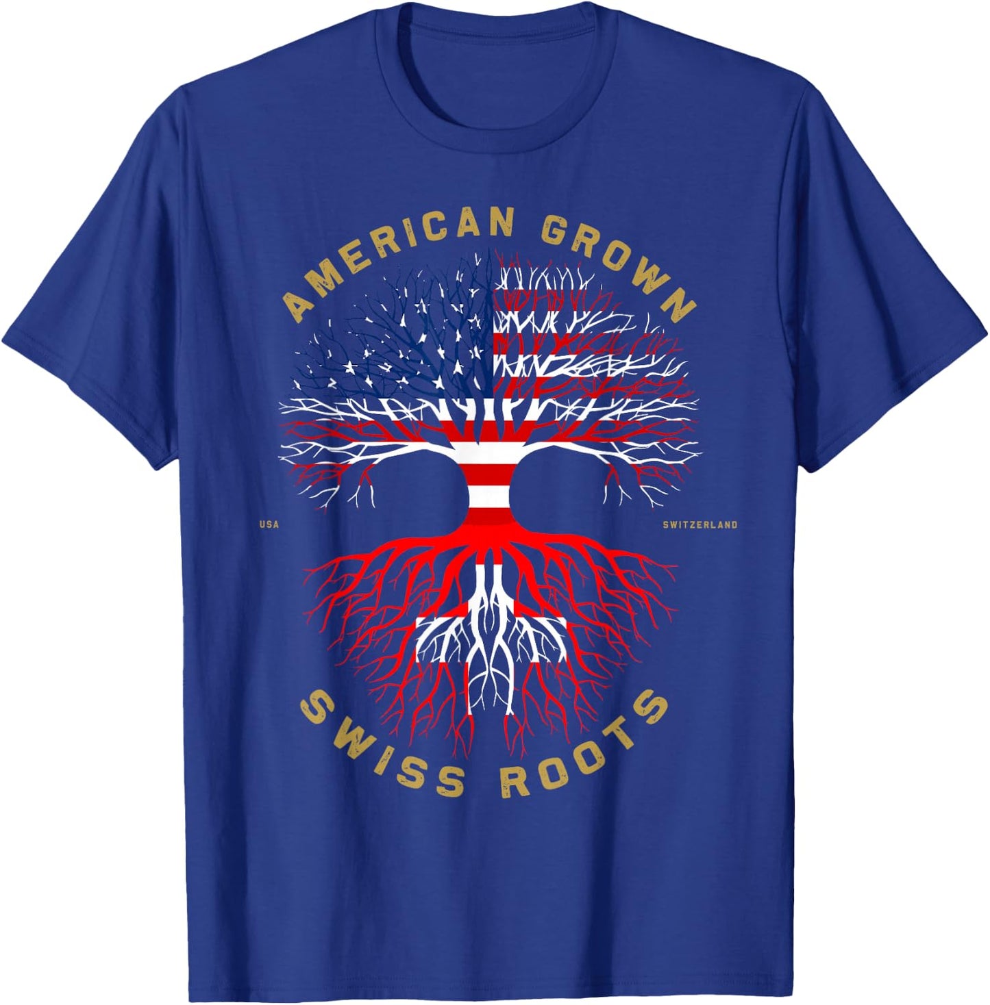 American Grown With Swiss Roots Tree USA Flag Unique Gift T-Shirt - T-Shirt | Royal
