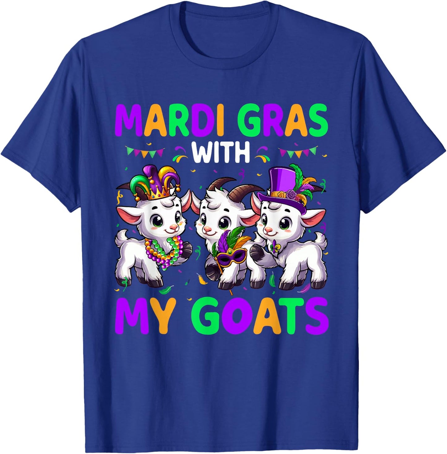 Mardi Gras With My Goats Three Cute Goats Masked Beads T-Shirt - T-Shirt | Royal