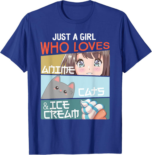 Just A Girl Who Loves Anime Cats Ice Cream Otaku Manga Lover T-Shirt - T-Shirt | Royal