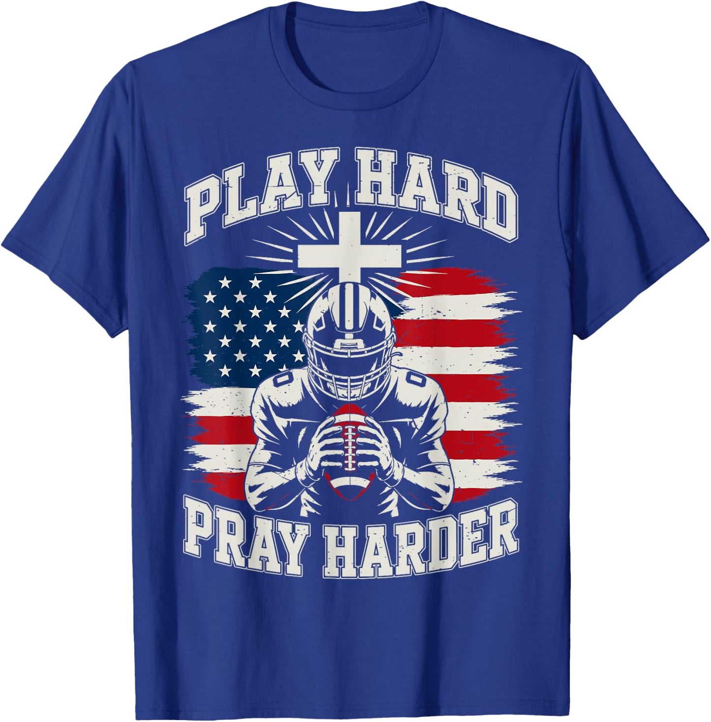 Youth Christian Football Play Hard Pray Harder American Flag T-Shirt - T-Shirt | Royal