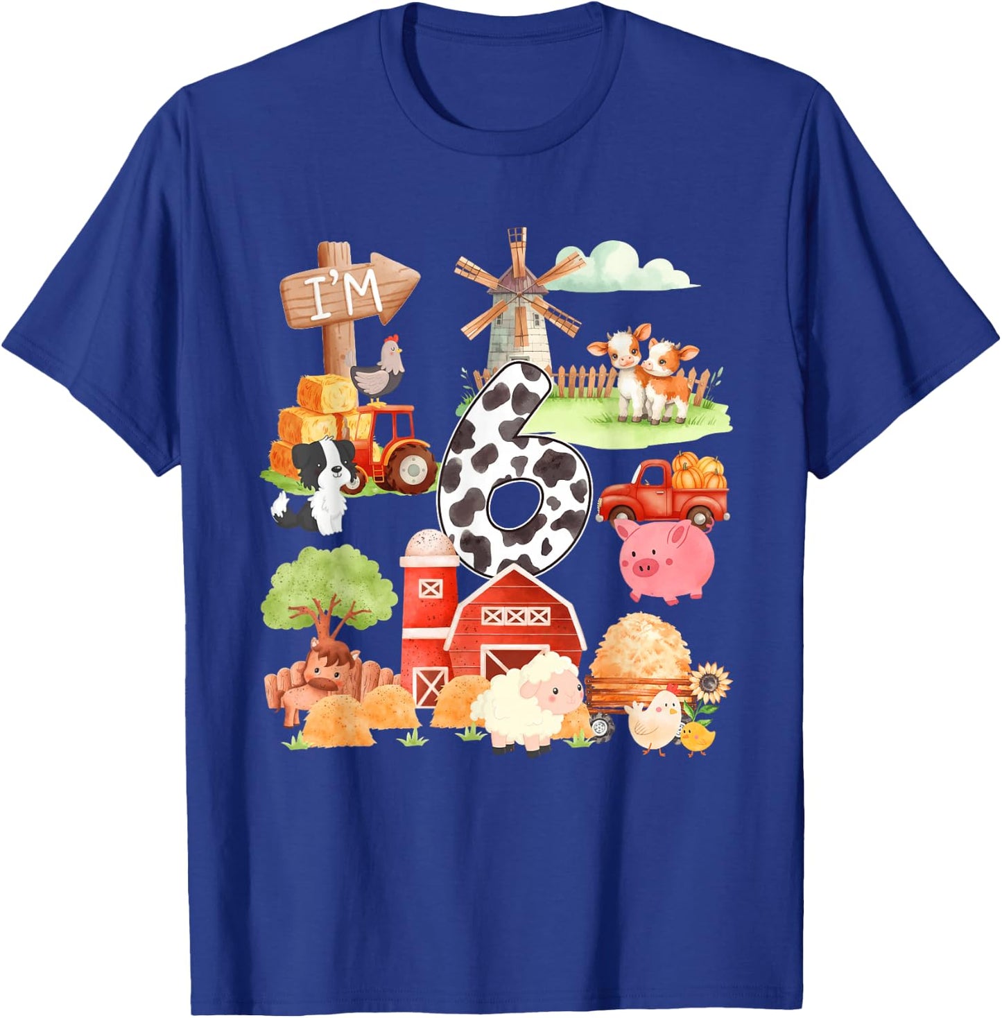 6 Year Old Farmer Lover 6th Birthday Farm Animals Theme T-Shirt - T-Shirt | Royal